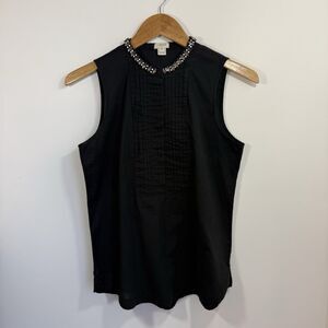 J CREW Blouse Top 4 Pleated High Neck Black Embellished Crystal Sleeveless